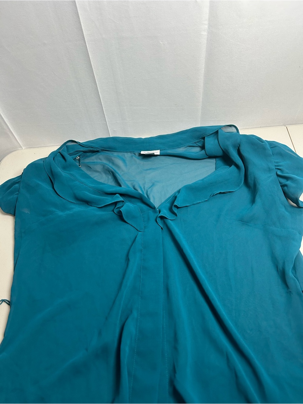 Worthington Teal Ruffle V-Neck Blouse with V neckline - Picture 9 of 10